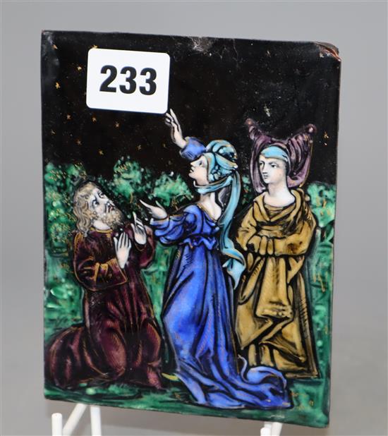 A Limoges enamelled plaque, depicting a gentleman and two ladies admiring a shooting star, 15 x 11cm